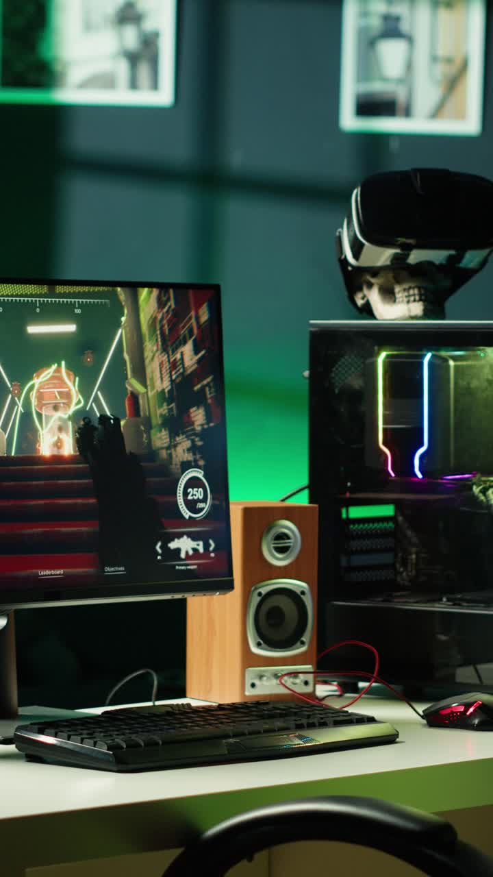 Vídeo vertical de um PC desktop em uma sala de estar, monitor e óculos de realidade virtual