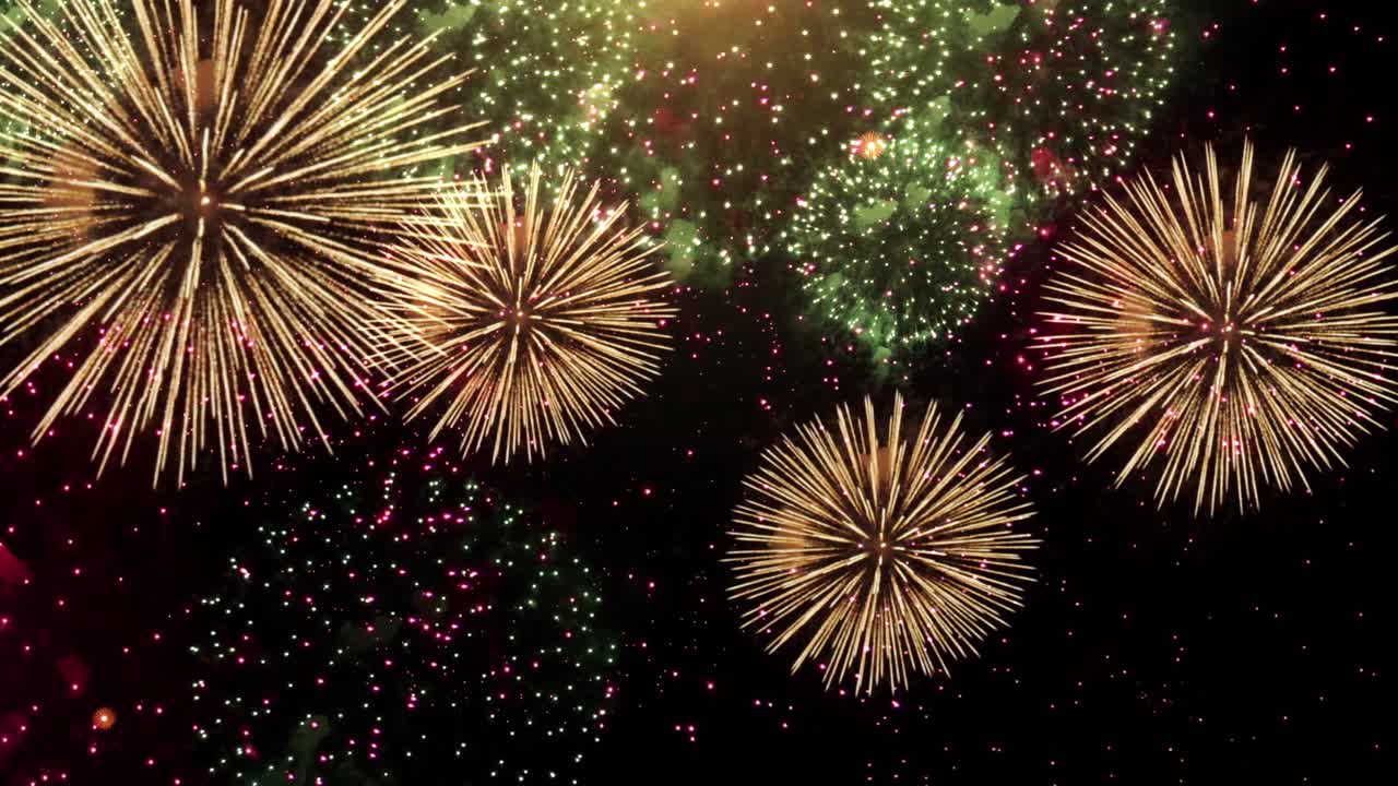 Brightly colorful christmas fireworks on twilight holiday background with fireworks and stars