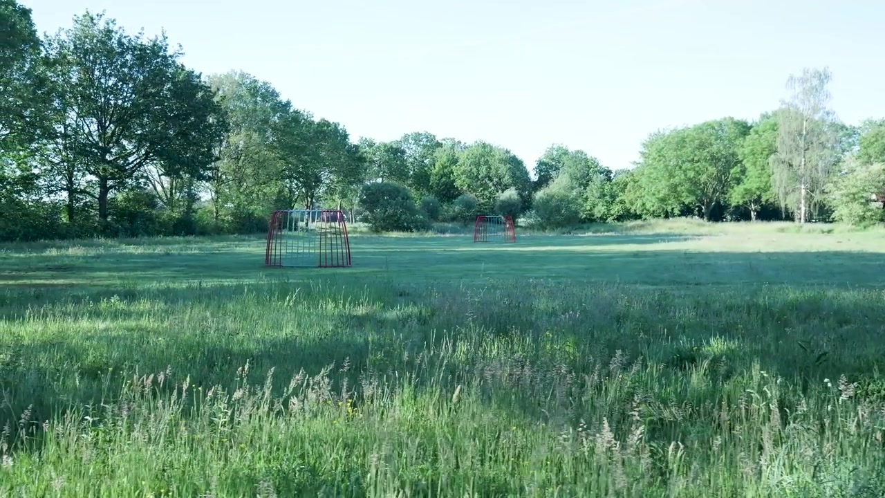 Terrain de football vide dans un parc verdoyant.