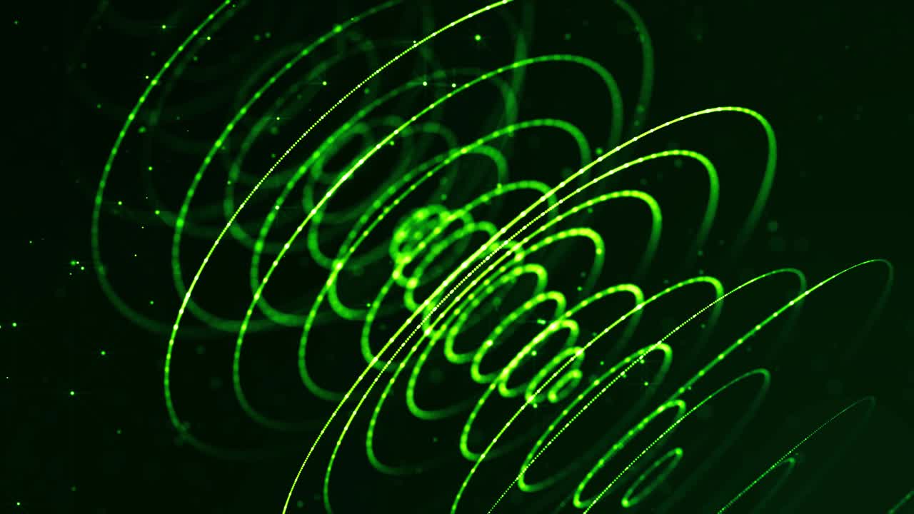 보케와 빛 효과를 가진 4k 루프 공상 과학 녹색 배경: 빛나는 녹색 입자가 선, 표면,  구형 구조를 가상 공간 또는 hud 화면으로 형성합니다.