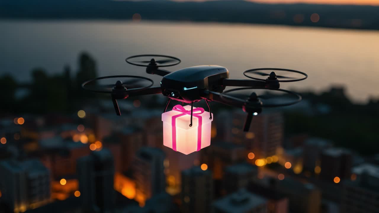 Aerial Gift Delivery: A Drone Transporting a Present Over a Cityscape at Dusk, Showcasing Technological Innovation and Modern Gifting Solutions