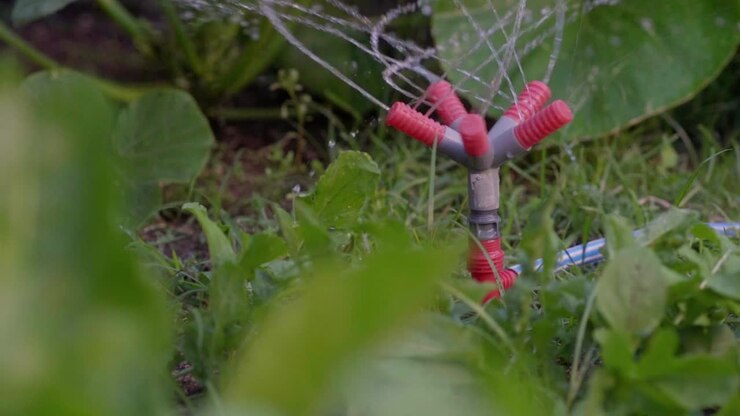 Slow motion view of a plastic sprinkler watering a vegetable patch in the garden