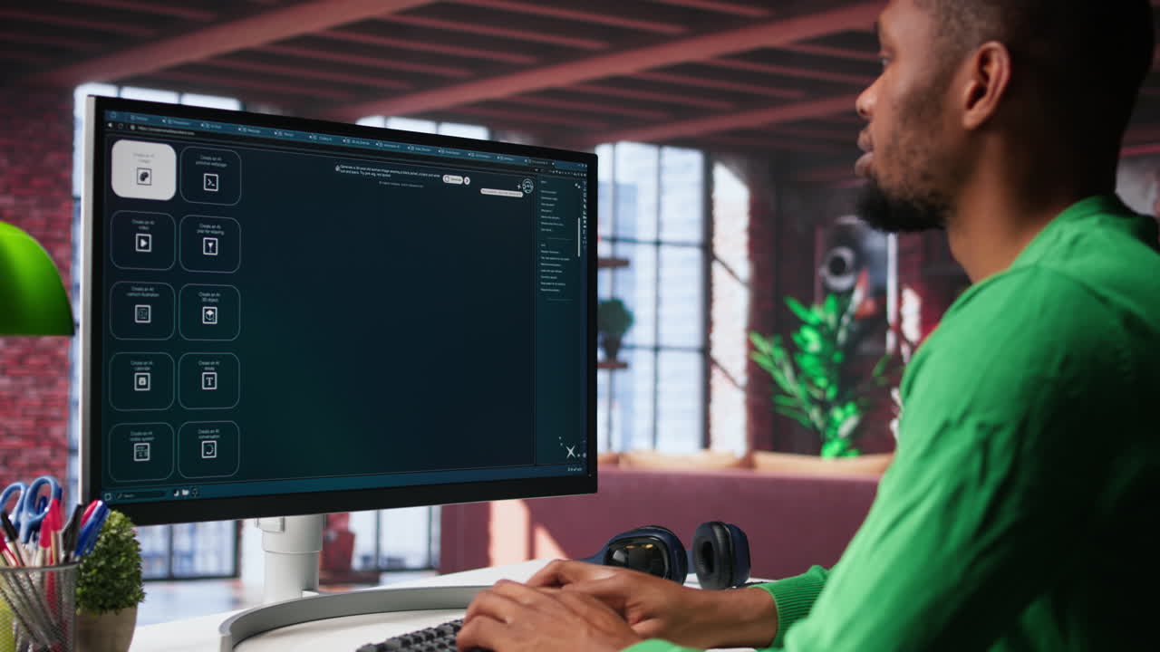 Vertical Video African american user operates generative AI program to create digital photos
