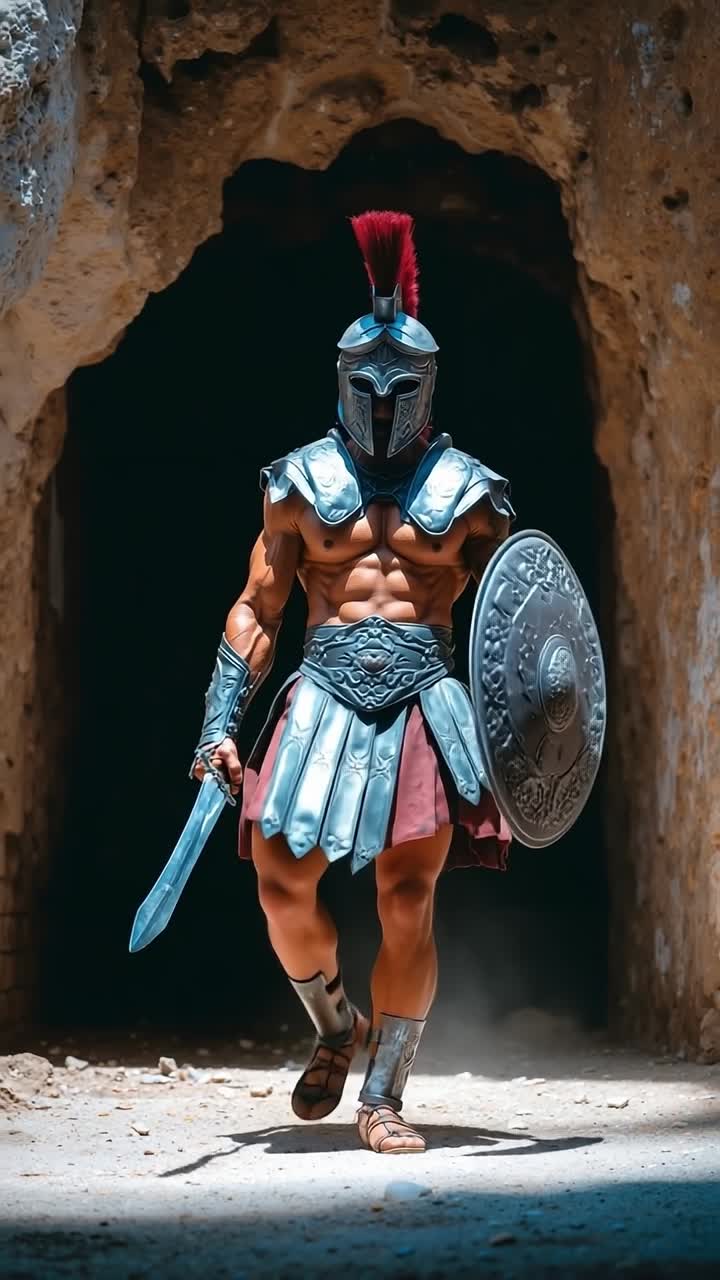 A man dressed as a spartan holding a sword and shield