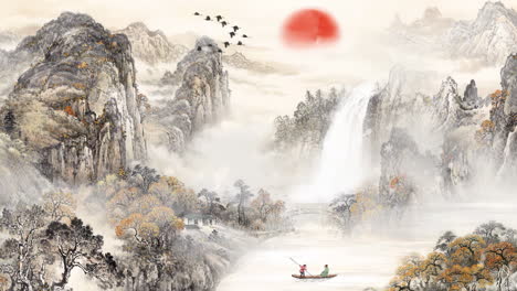 paisaje misterioso animación de arte digital oriental tradicional de china, pintura china retro tinta montaña brumosa con flores, árboles, pájaros, río en el fondo de la niebla