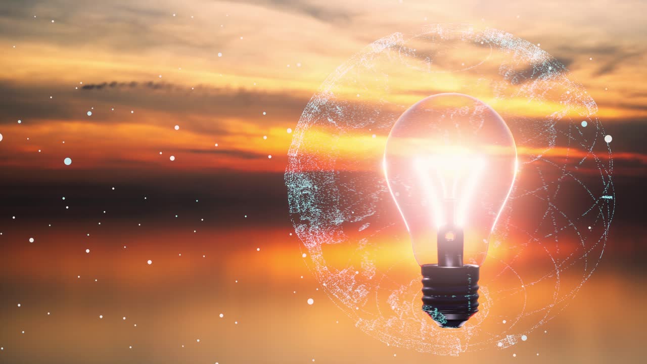 la bombilla eléctrica las conexiones brillantes en el fondo del atardecer. el concepto de la tecnología la innovación la inteligencia artificial la lluvia de ideas el éxito empresarial.