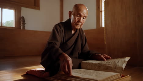 elderly monk reading an ancient scroll in a traditional setting