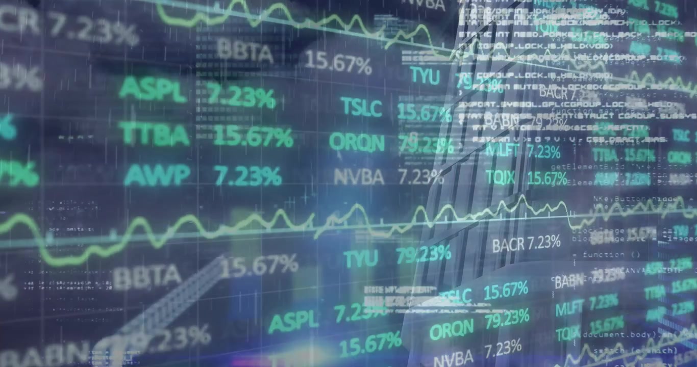 Animación de procesamiento de datos del mercado de valores con lluvia cayendo sobre edificios altos