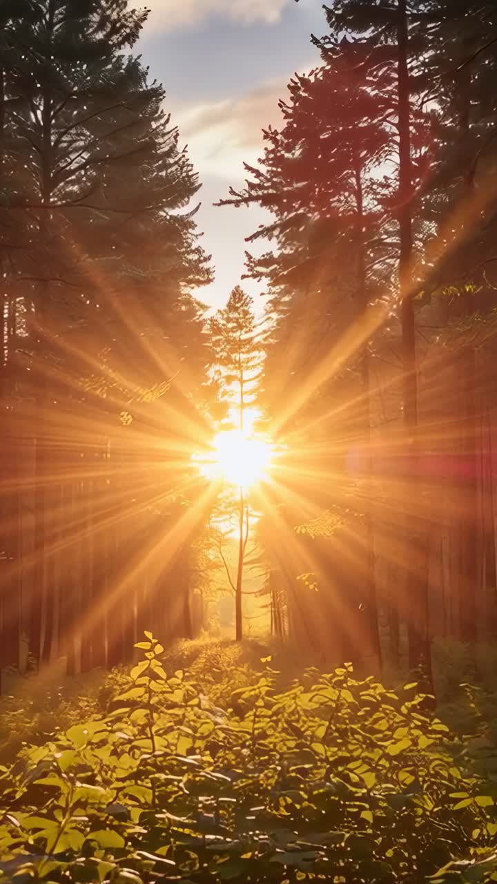 Vídeo vertical: sol nascendo iluminando um estreito vão na floresta, projetando uma sombra fina no tronco, reflexo da lente