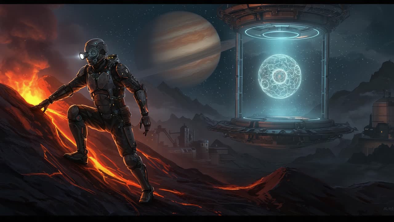 Un esploratore futuristico esplora un terreno vulcanico sotto corpi planetari e tecnologie avanzate, unendo elementi fantascientifici con un'avventura cosmica