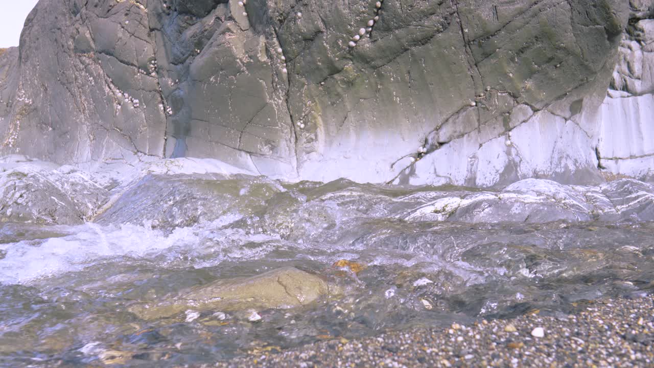 Slow Motion River Stream on Beach with Eroded Coastal Rock and Small Pebbles.