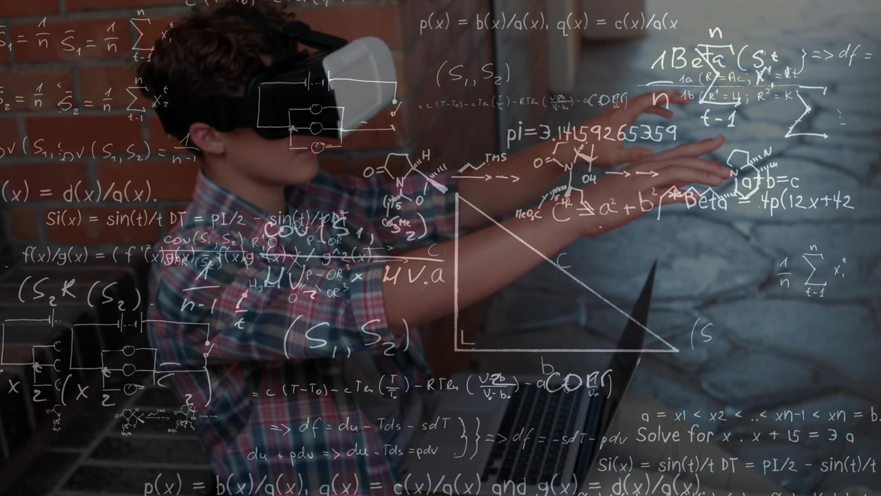 Young Man Using VR Headset and Laptop with Mathematical Overlays