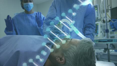 animación del adn sobre médicos caucásicos y pacientes mayores antes de la operación