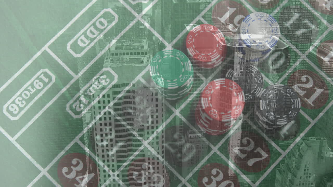 도시 풍경 위에서 카지노  ⁇ 을 플레이하는 애니메이션