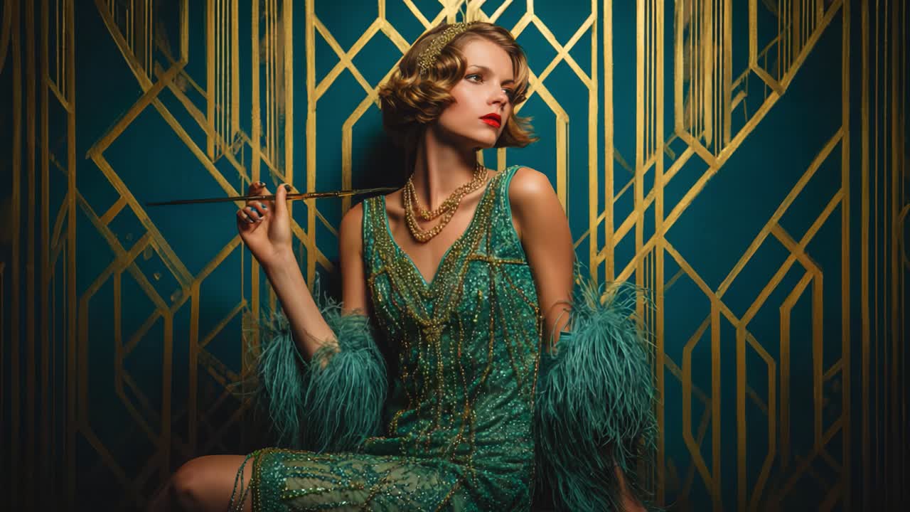 A Glamorous Vintage Scene Capturing the Elegance and Charm of the 1920s: A Stylish Woman Dressed in Elegant Attire Reflects the Splendor and Opulence of a Bygone Era in Art Deco Surroundings