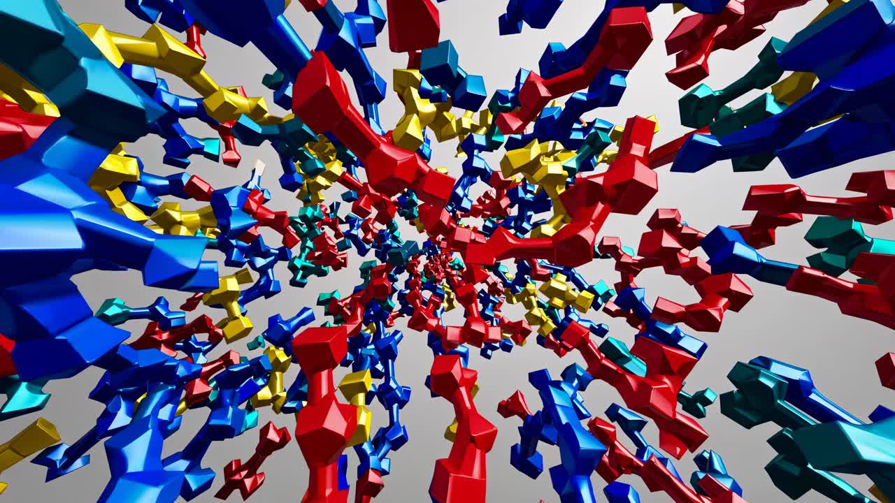 Dynamic 3D abstract art with colorful geometric shapes in motion, captured from a wide-angle
