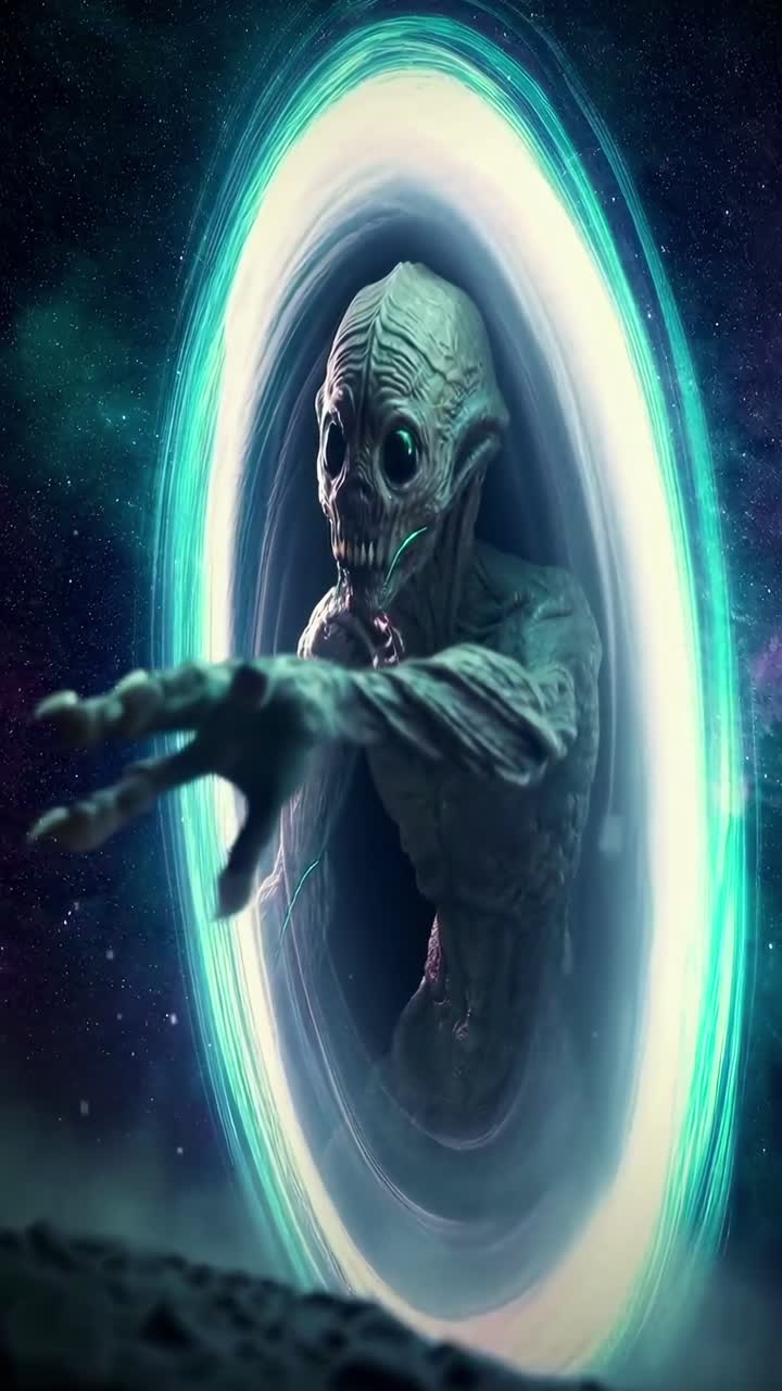 Alienígena emergindo de um portal brilhante no espaço, tomada em ângulo baixo, estilo de vídeo cinematográfico