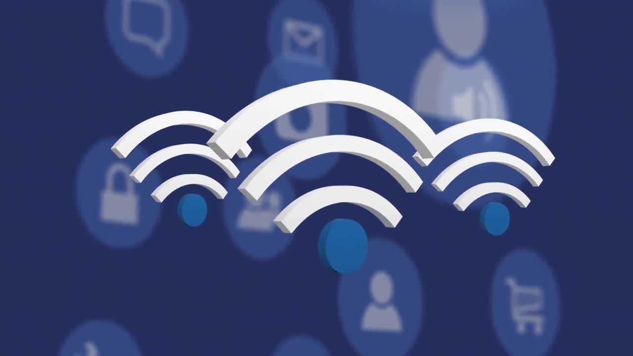 animación de iconos wifi y digitales flotando sobre un fondo azul