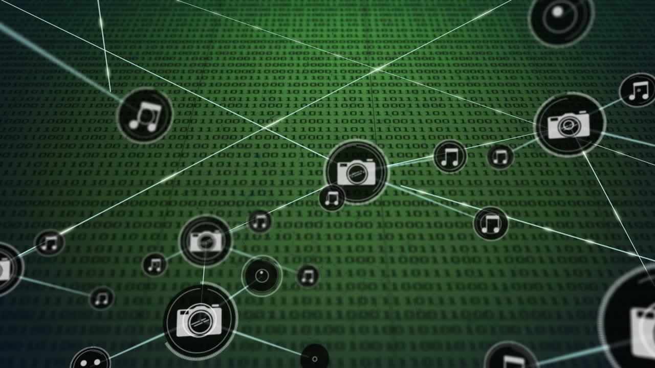 바이너리 코드와 함께 녹색 배경에 아이콘으로 연결 네트워크의 애니메이션