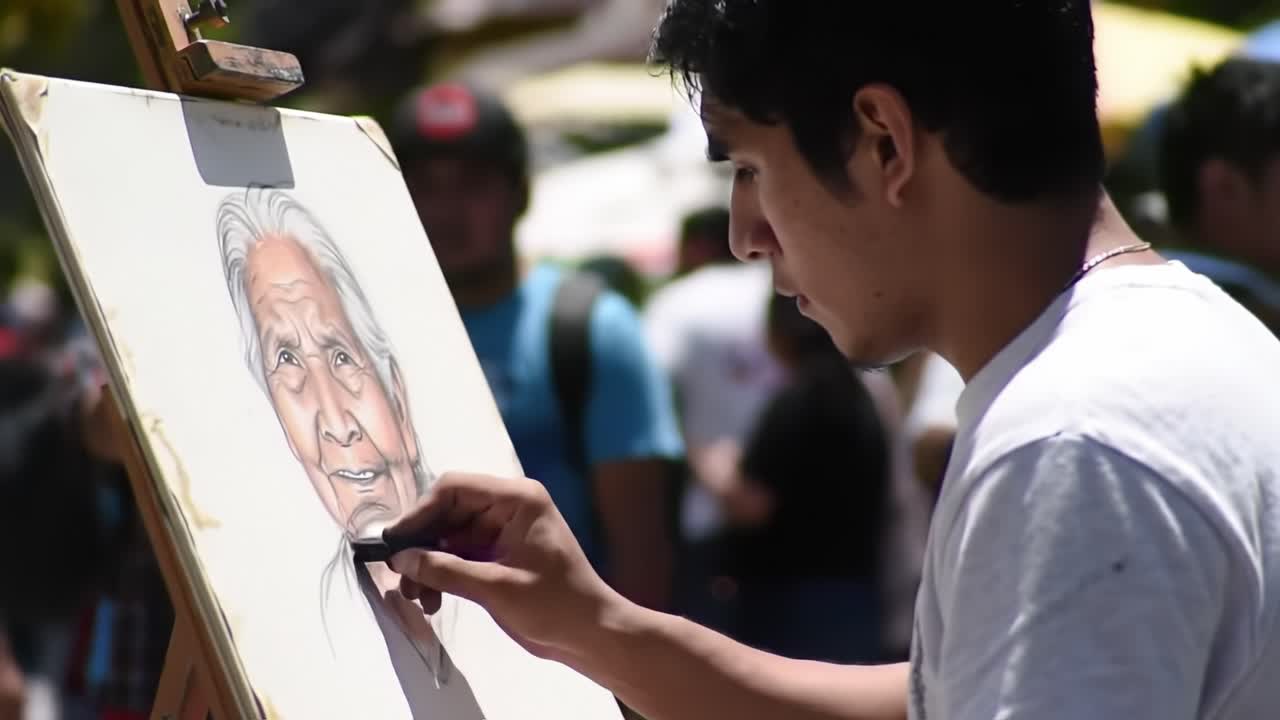 A Young Artist Captivatingly Brings Life to an Elderly Portrait Using Charcoal, Showcasing Talents Amidst a Vibrant Outdoor Art Scene with Onlookers Engaged in the Environment
