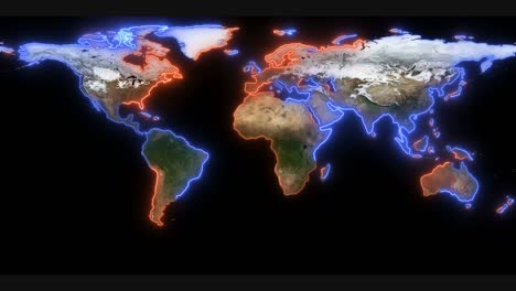 glowing lines trace the outlines of the world map