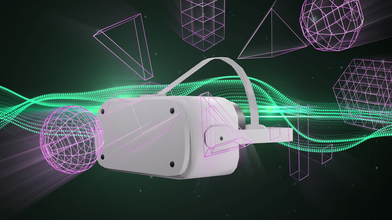animazione dell'auricolare vr su forme 3d e tracce di luce.