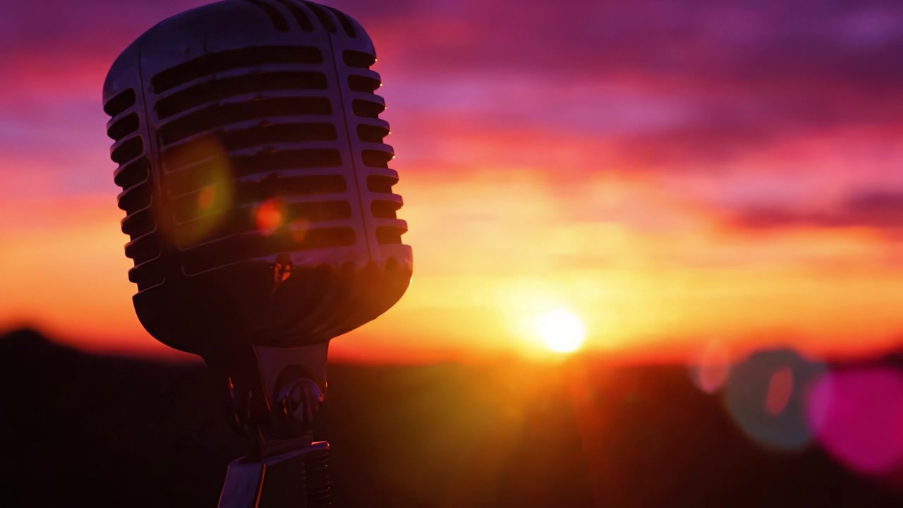 Accattivante silhouette al tramonto: un microfono vintage contro un cielo vibrante, a simboleggiare l'armonia tra musica e natura in perfetta unità