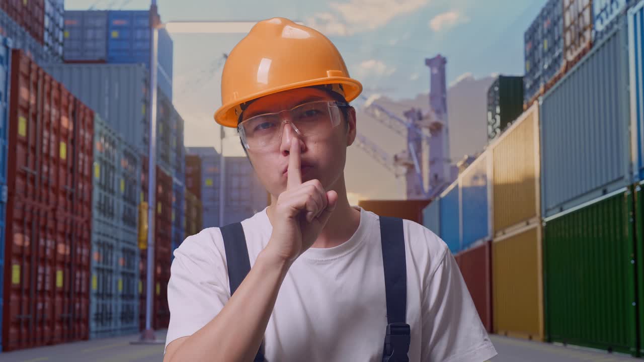 Close Up Of Asian Man Worker Wearing Goggles And Safety Helmet Looking At Camera And Making Shh Gesture While Standing At Container Yard Warehouse