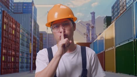 primer plano de un trabajador asiático con gafas de protección y casco de seguridad mirando a la cámara y haciendo un gesto de silencio mientras está de pie en el almacén del patio de contenedores