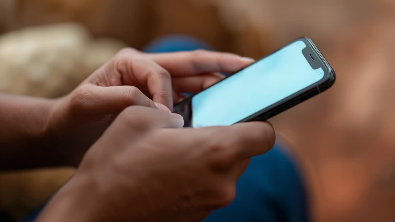 Klepající ruce s palcem připraveným na telefonu nad džínovými kalhotami na pohovce, procházení aplikace, kontrola upozornění