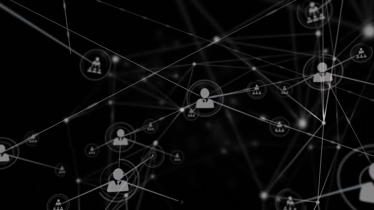 animación de la red de conexiones con las personas iconos en fondo negro