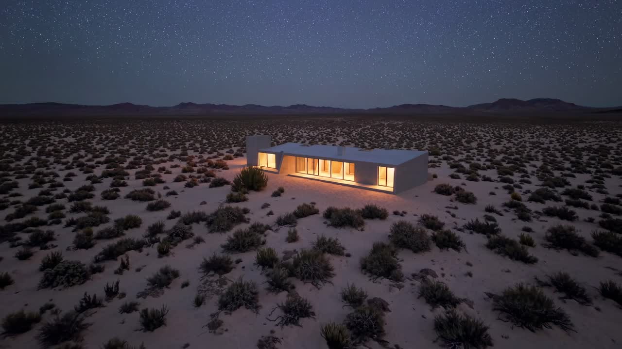 Warm lights glowing from a modern desert dwelling contrast beautifully with the cool, starry night sky, creating a serene and inviting ambiance in the tranquil landscape
