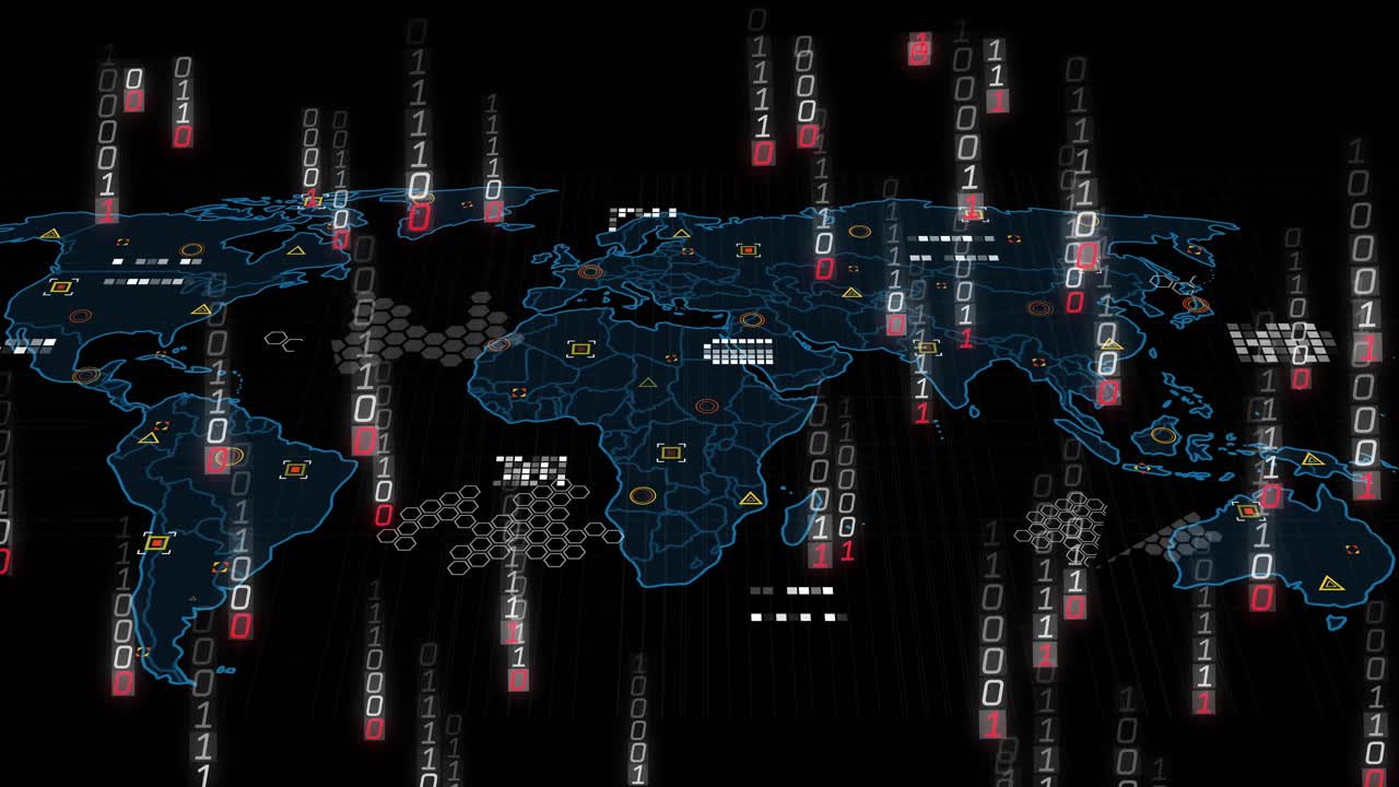 On activation signal, neon-blue world map materializing and attracting binary rain for data display