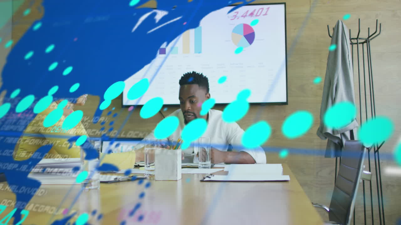 Animation of world map and data processing over african american man and woman discussing at office