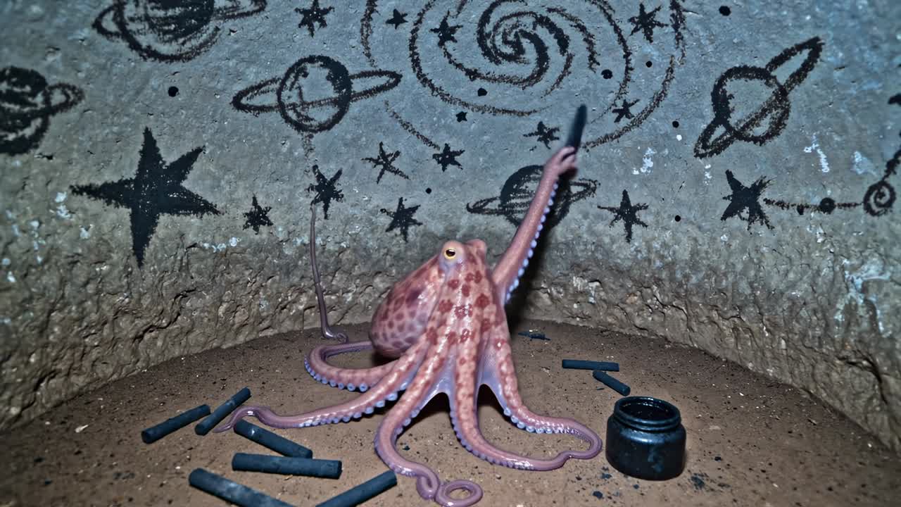 Pulpo creativo dibujando estrellas y planetas en una pared