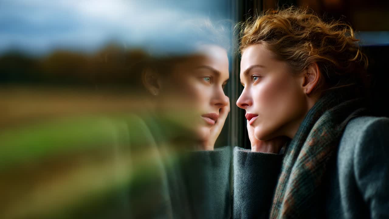 Thoughtful Woman Gazing Out Window, Capturing Moments of Reflection and Serenity in Nature's Embrace, as Fields Unfold in Front of Her, Evoking Deep Contemplation