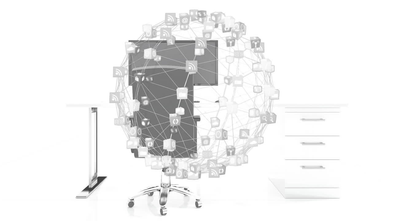 Animazione di una rete globale di icone multimediali su una scrivania d'ufficio e un computer