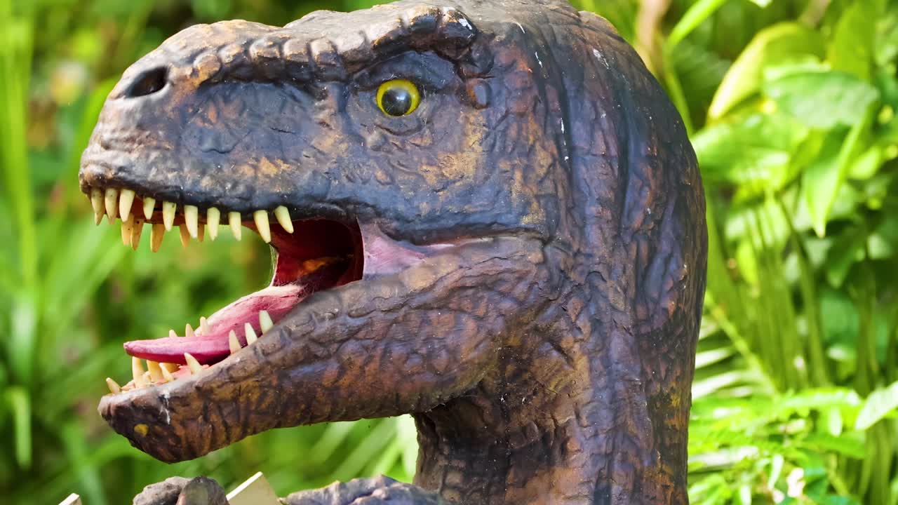 A lifelike animatronic dinosaur head moves and roars, surrounded by lush green foliage.
