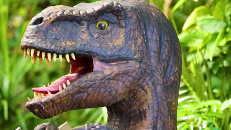 a lifelike animatronic dinosaur head moves and roars, surrounded by lush green foliage.