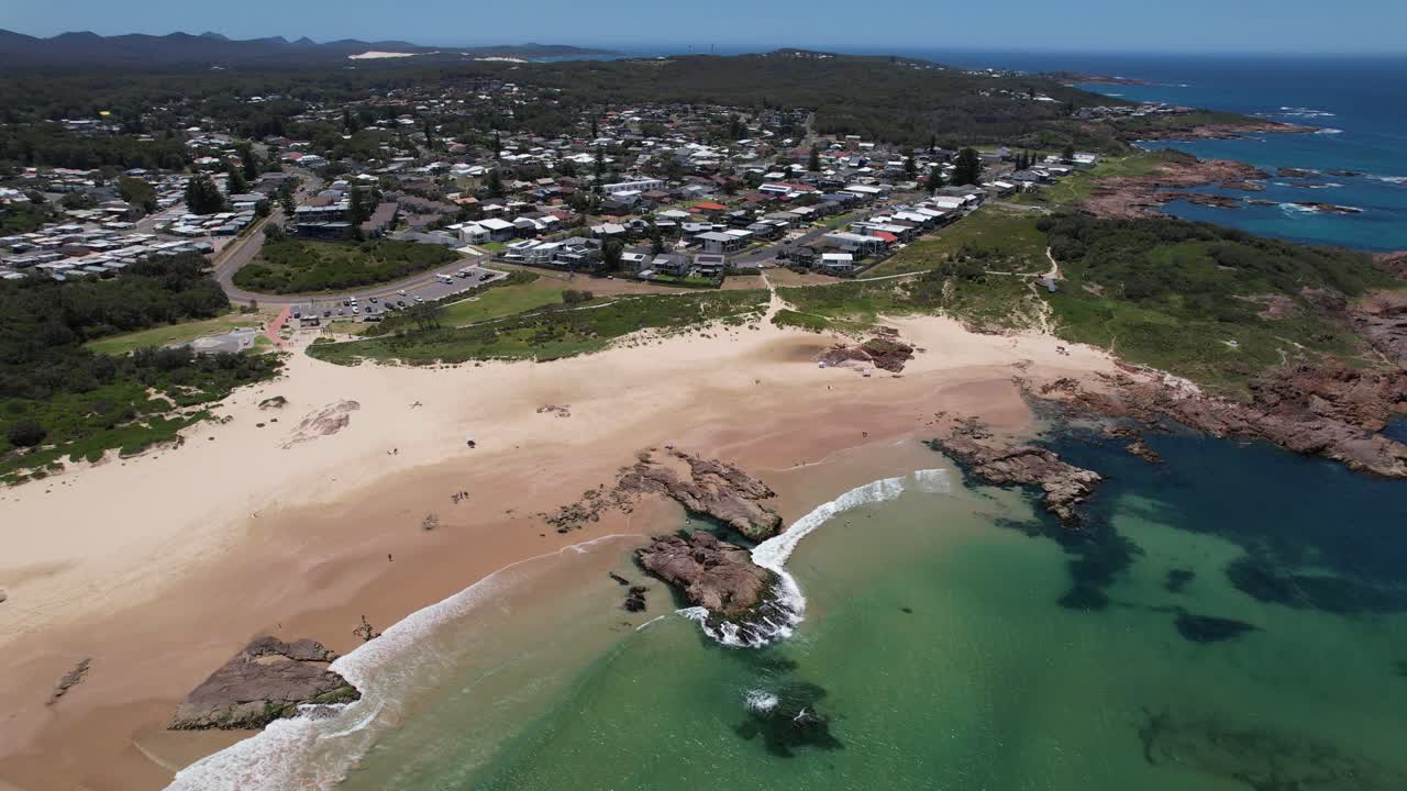Birubi Beach With Huge Rocks On The Shore In New South Wales, Australia - Aerial Drone Shot
