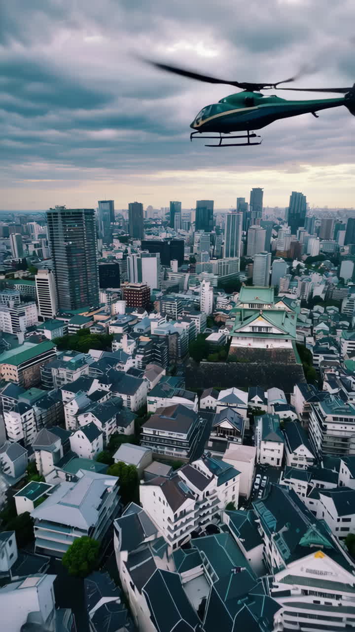 Aerial View of Bangkok City with Temple and Helicopter
