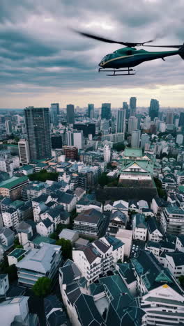 aerial view of bangkok city with temple and helicopter