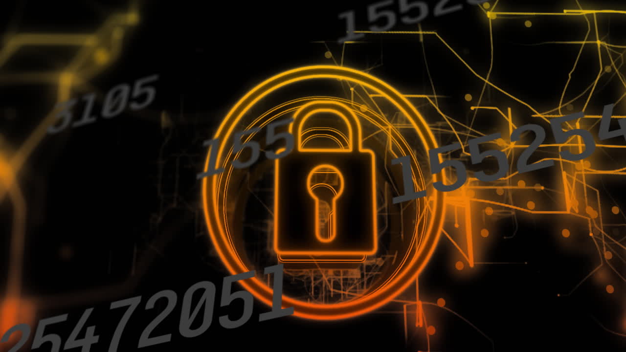 animación del procesamiento de datos sobre el icono del candado con red de conexiones en fondo negro