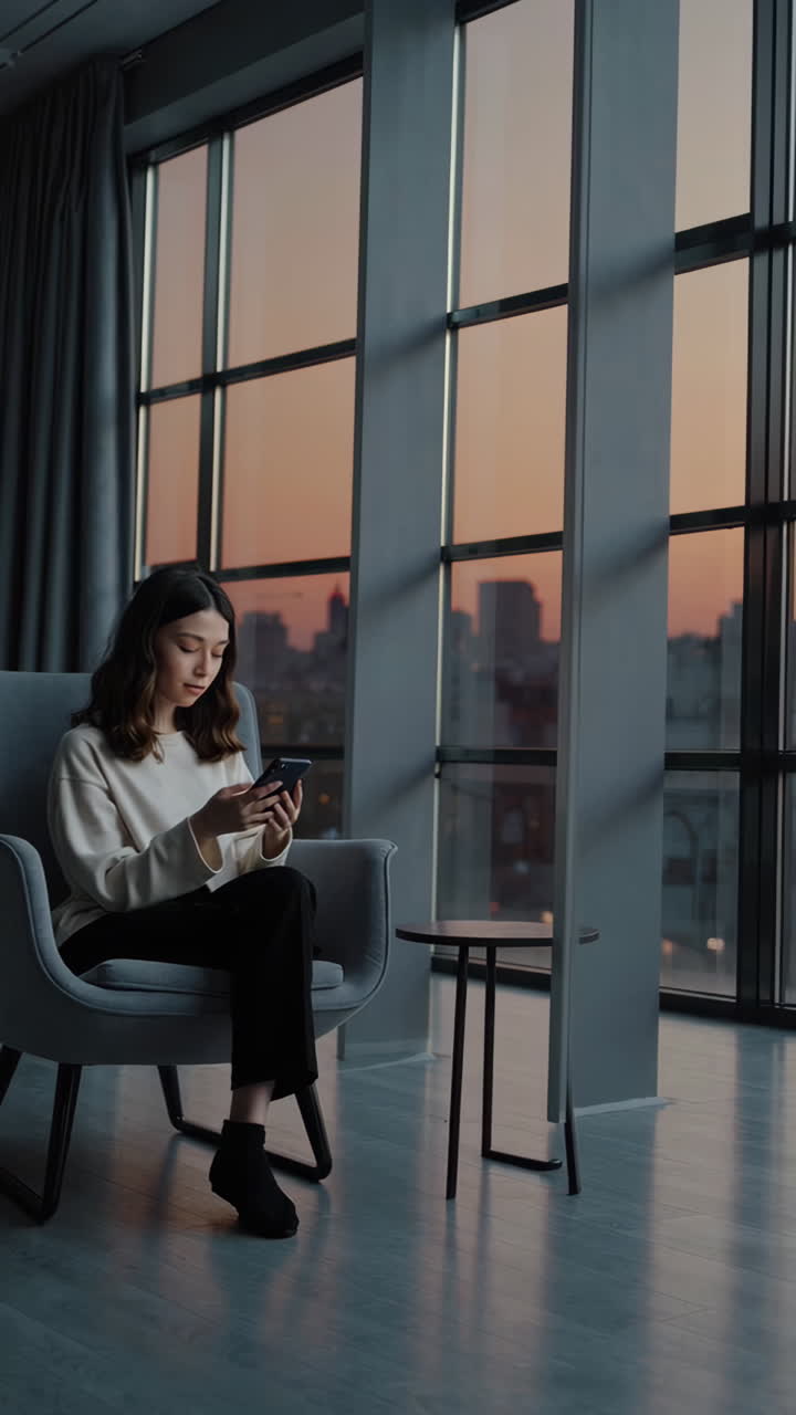 Woman using smartphone in modern home interior