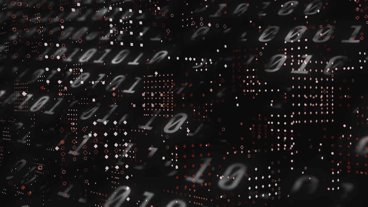 animación digital de múltiples puntos que se mueven contra el procesamiento de datos de codificación binaria en fondo negro