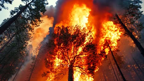 a large fire burns through a forest in the middle of the night