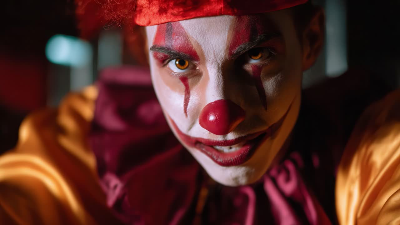 A menacing clown stares intently at the camera, showcasing vivid makeup and a vibrant costume, embodying a spooky and unsettling atmosphere in a dark setting