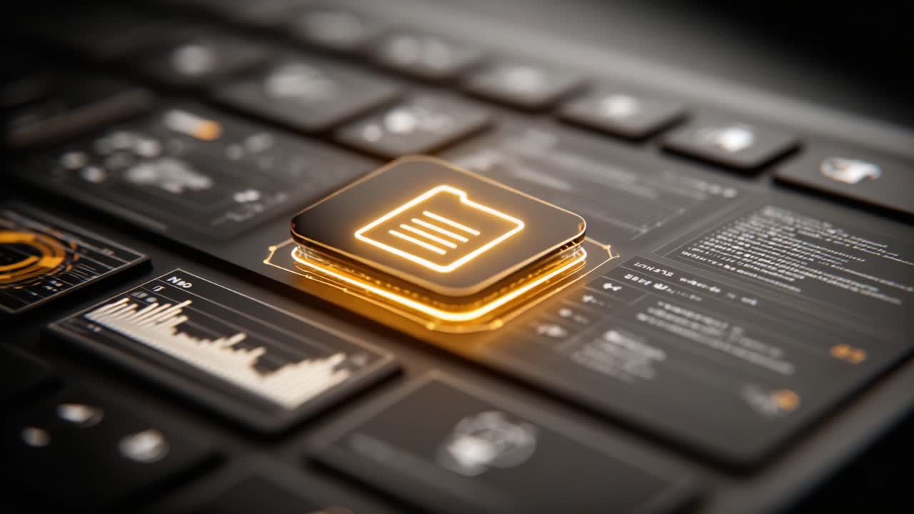 Vue rapprochée d'une interface de clavier futuriste avec une icône illuminée indiquant la gestion de fichiers ou la fonctionnalité de stockage de données.
