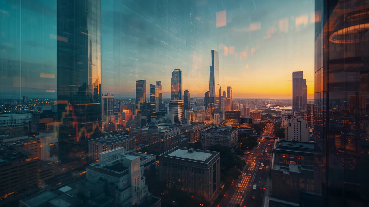 Sunset sparking skyline reflecting orange chart on large glass window from high-rise interior
