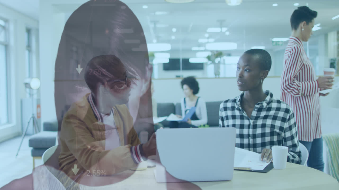 Animation of caucasian woman over diverse business people in office